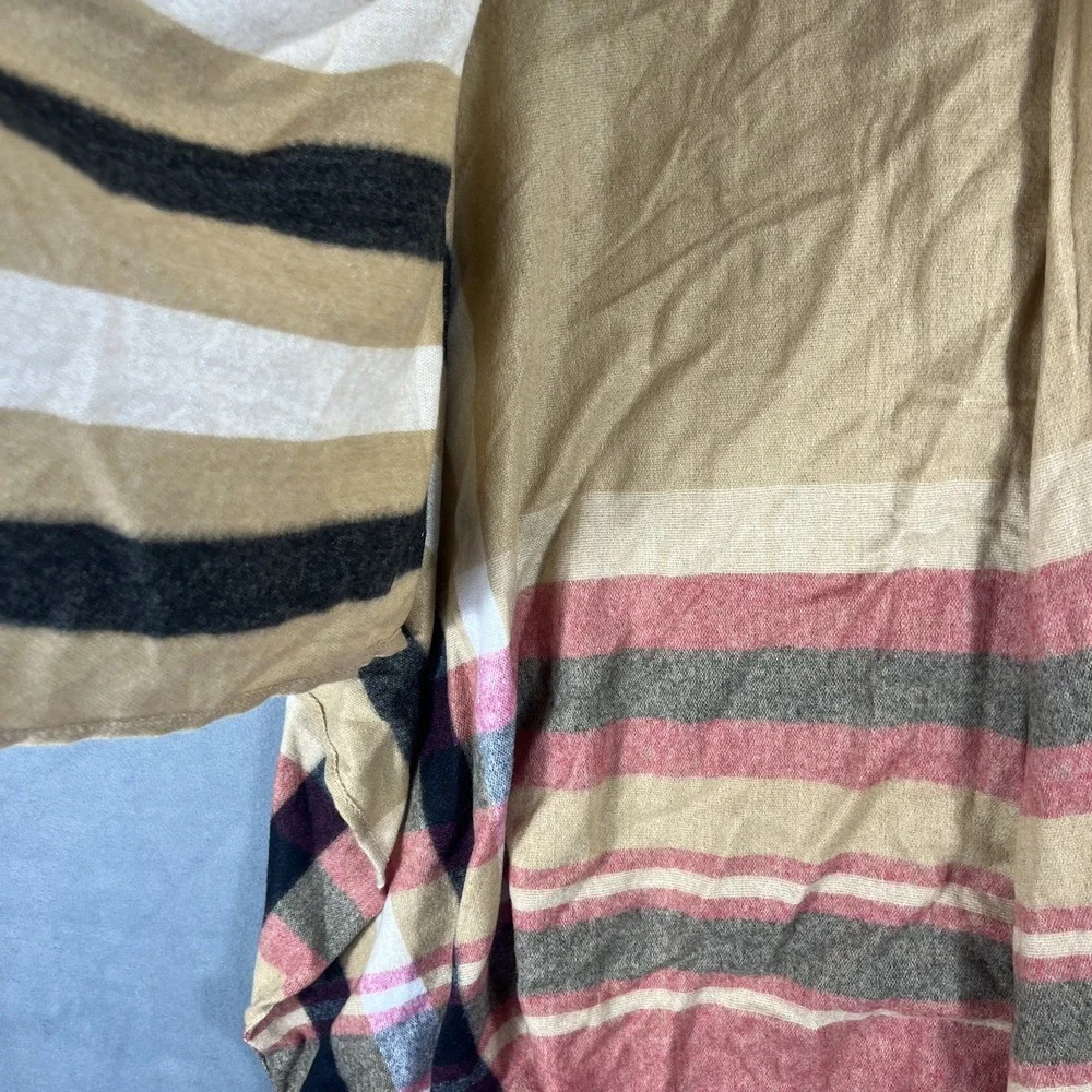 Woolrich Women's Tan Striped Plaid Fringe Open Front Poncho Wrap Shawl One Size
